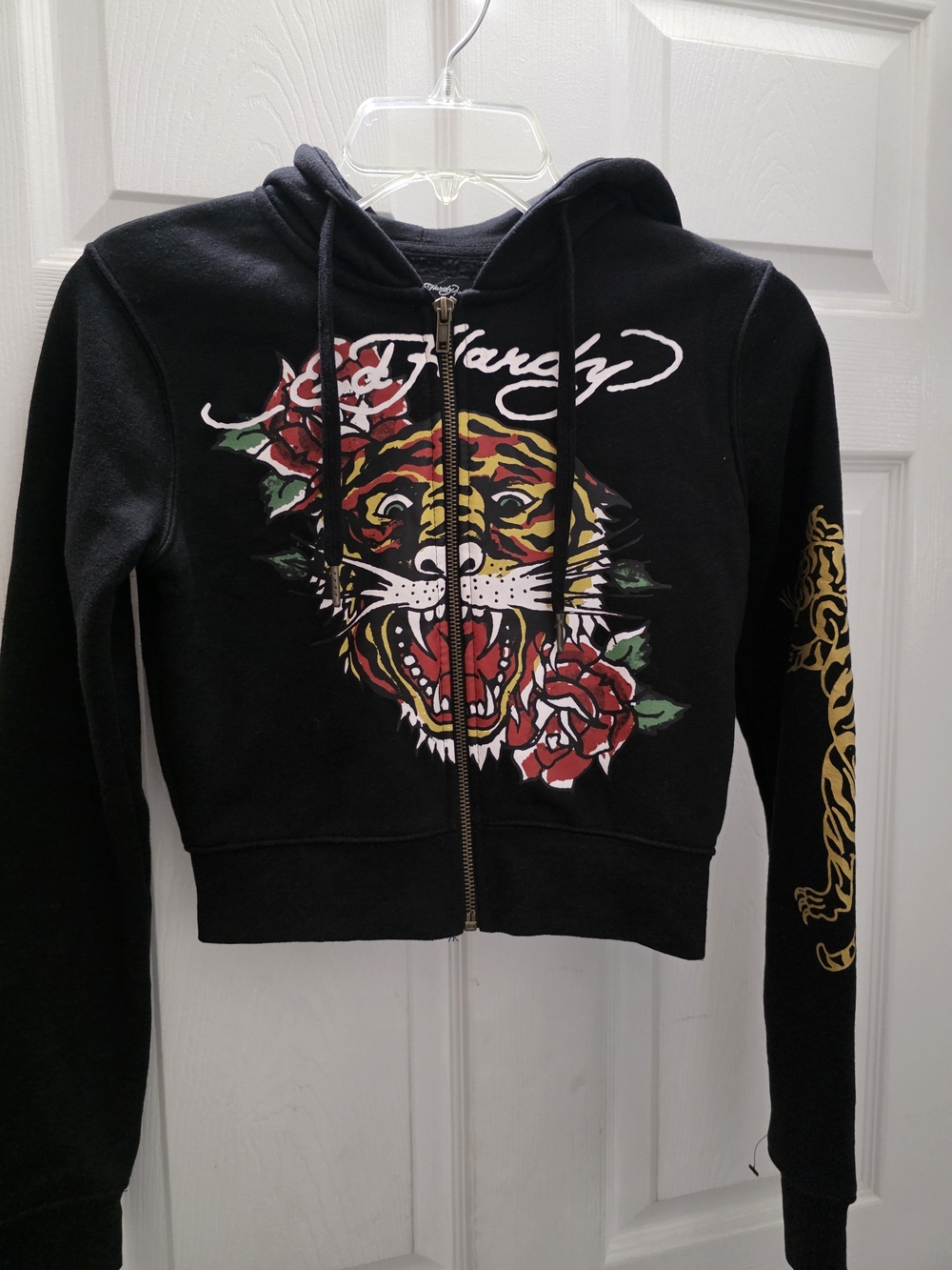 Ed Hardy Black Zip-Up Hoodie with Tiger & Rose Graphic